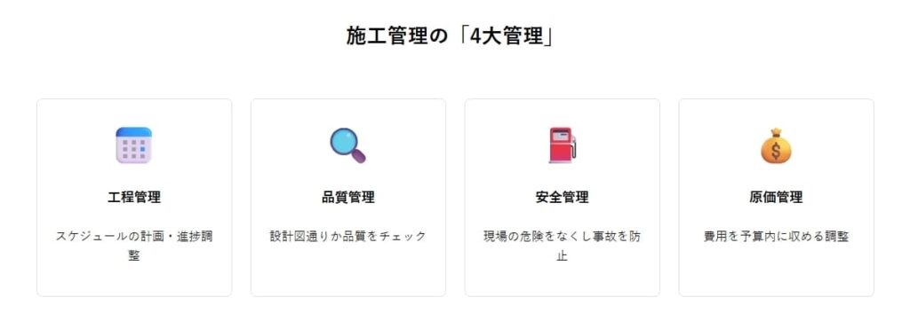 施工管理の主要業務とは？4大管理（工程・品質・安全・原価）を解説
