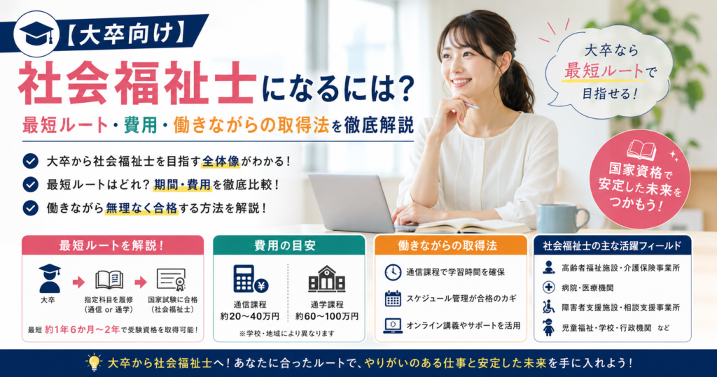 【大卒向け】社会福祉士になるには？最短ルート・費用・働きながらの取得法を徹底解説