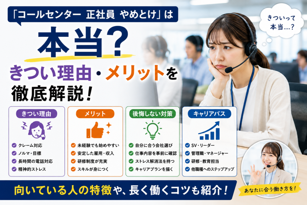 「コールセンター 正社員 やめとけ」は本当？きつい理由・メリット・後悔しない対策